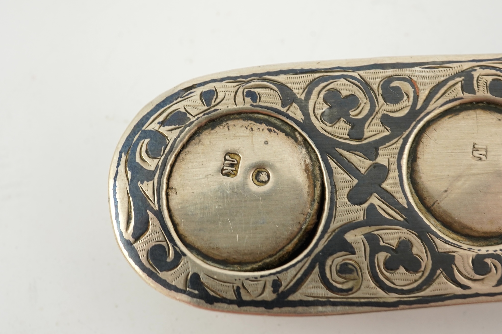 A 19th century Russian silver and niello coin case